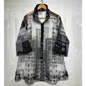 Damee Sheer Jacket Medium Black Gray Geometric Dots Button Long Art to Wear